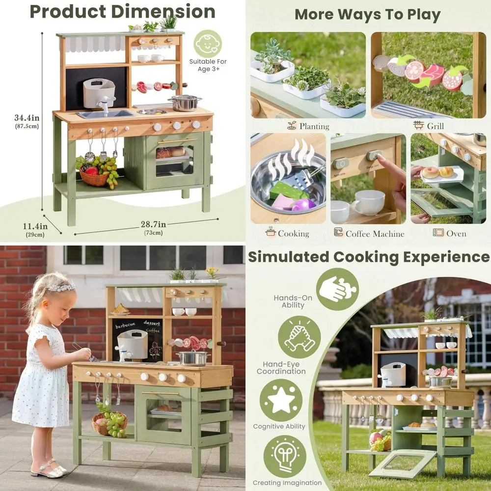 

Outdoor Wooden Mud Kitchen Playset for Kids, Ages 3+, with Sink, BBQ Grill, Coffee Maker, Planting Area, Oven, and Pretend Play