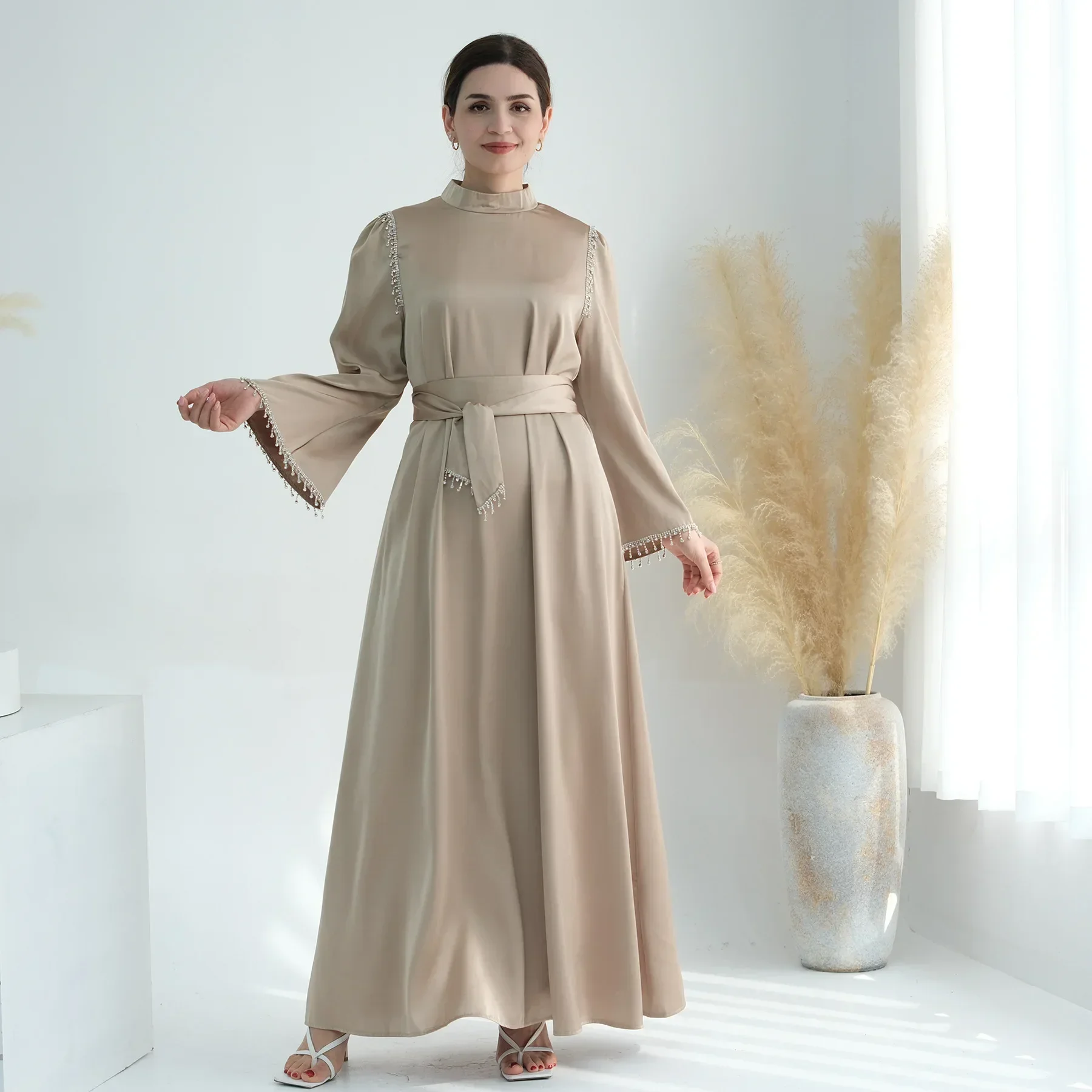 Moda muçulmana feminina vestido de cetim islâmico hijab árabe saudita frisado abaya dubai luxo turquia eid mubarak verão vestidos turcos