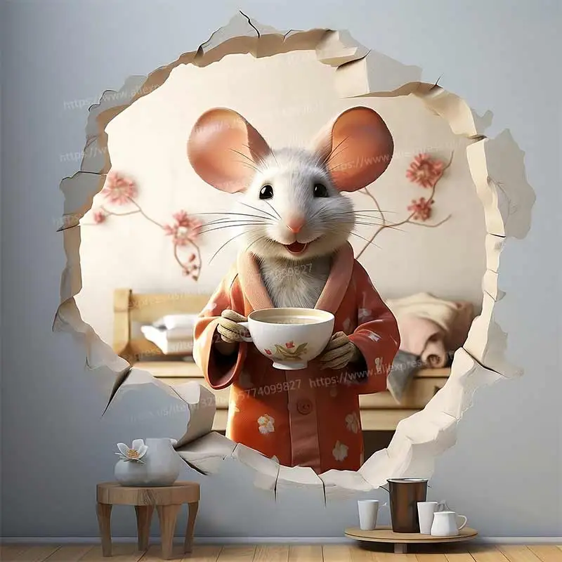 Cute Mouse Hole,An Elegant Mouse Sips Tea in Wall Hole decal,Tea Time Mouse Hole Sticker,Mouse Wears Bathrobe Wall Sticker M1429