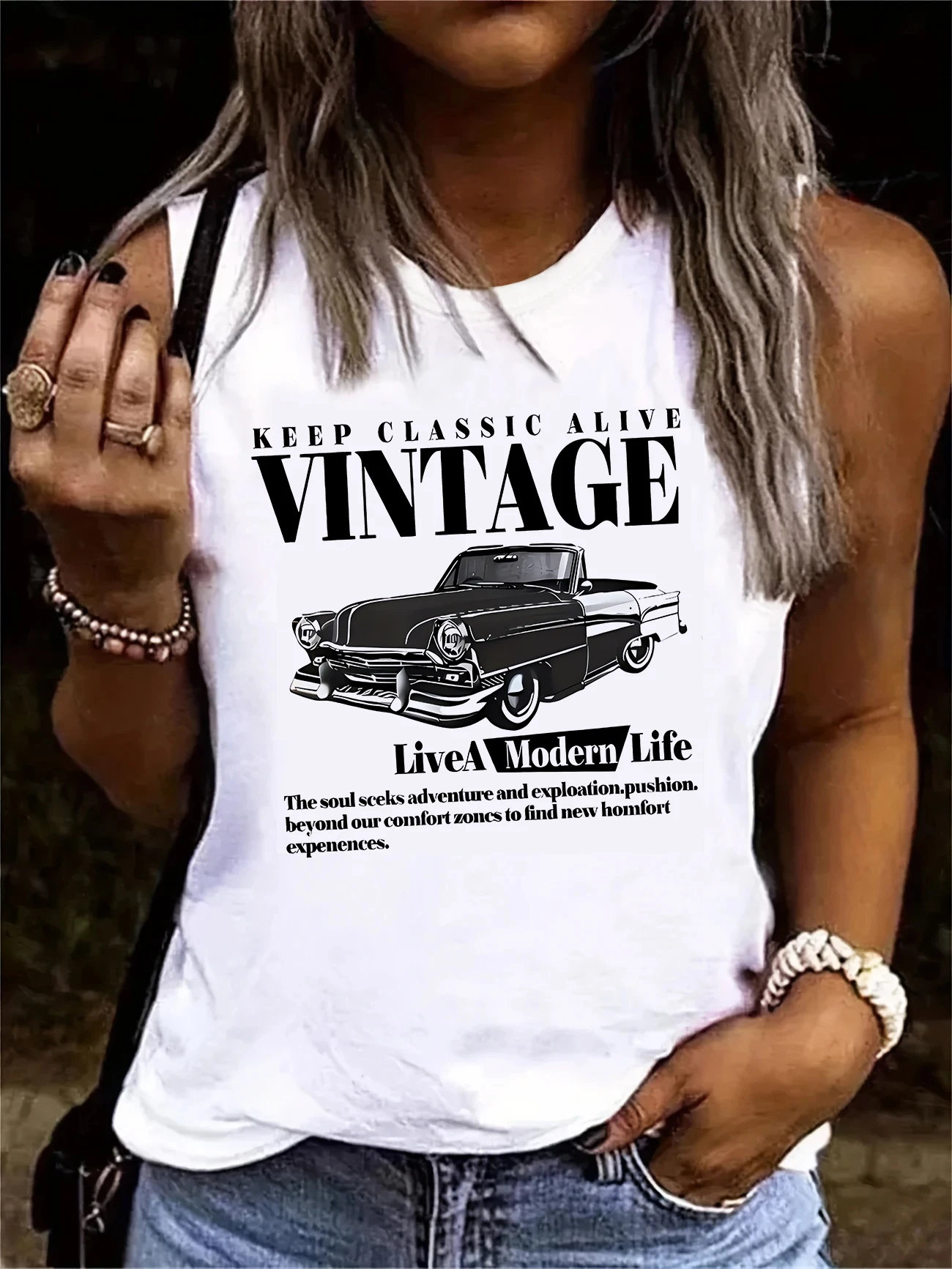 Tank Top Vintage Car Graphic Retro Design T-shirt Printed Vest Print Women’s Sleeveless Crew Neck Casual Top
