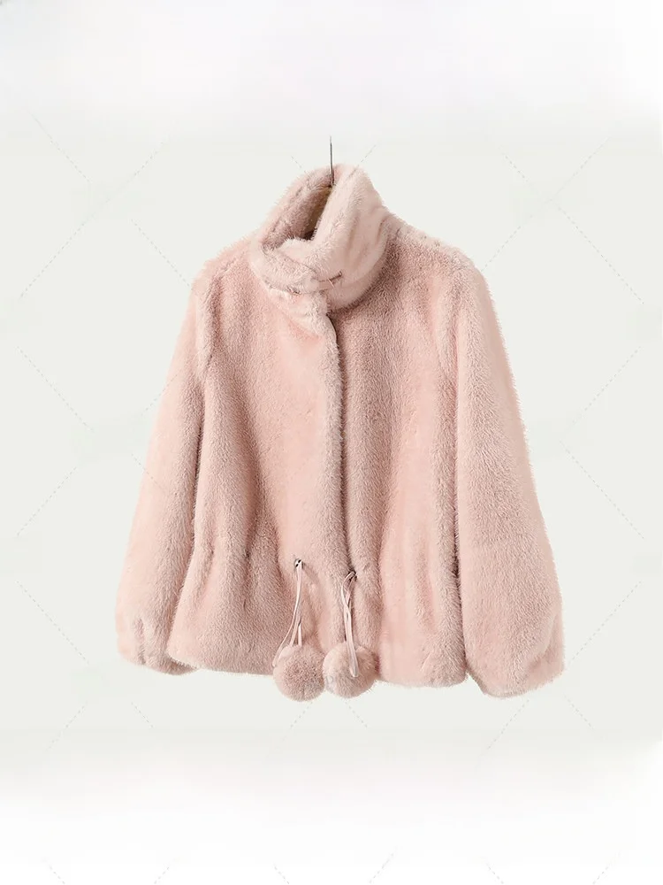 

Экологичная розовая женская свободная куртка из искусственного меха с длинными рукавами, теплая, ветрозащитная, для повседневной носки, из полиэфирного волокна