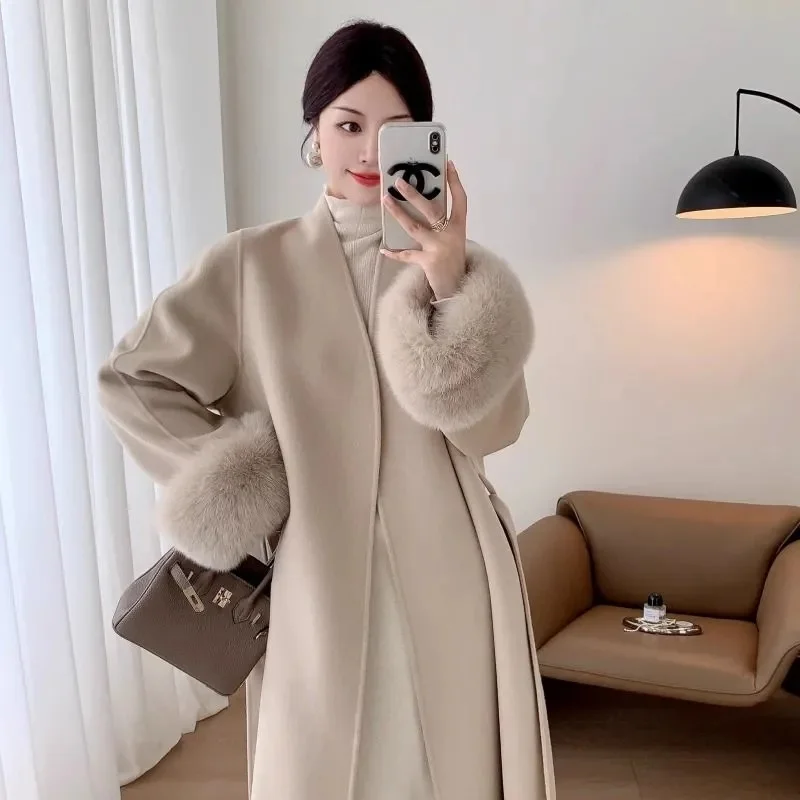 جديد الطبيعية الثعلب الفراء سميكة الوجهين معطف الصوف الإناث طويلة الخريف الشتاء فضفاض الدانتيل متابعة المعاطف الصوفية النساء معاطف الموضة #5