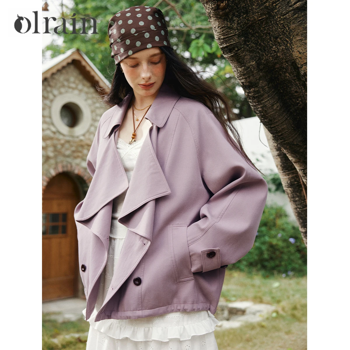 OLrain Women Oversize Purple Jackets Commute Draw String Trench Coat Spring 2026 Full Sleeve Female Short Coat GO58CW002815