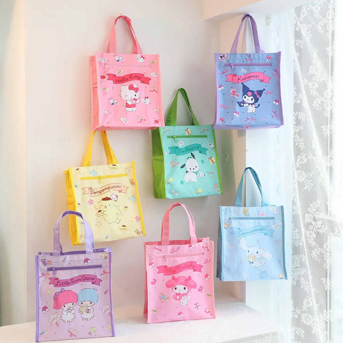 

New Hello Kitty Oxford Cloth Double Layer Art Bag Cute Cartoon Print Student Handbag