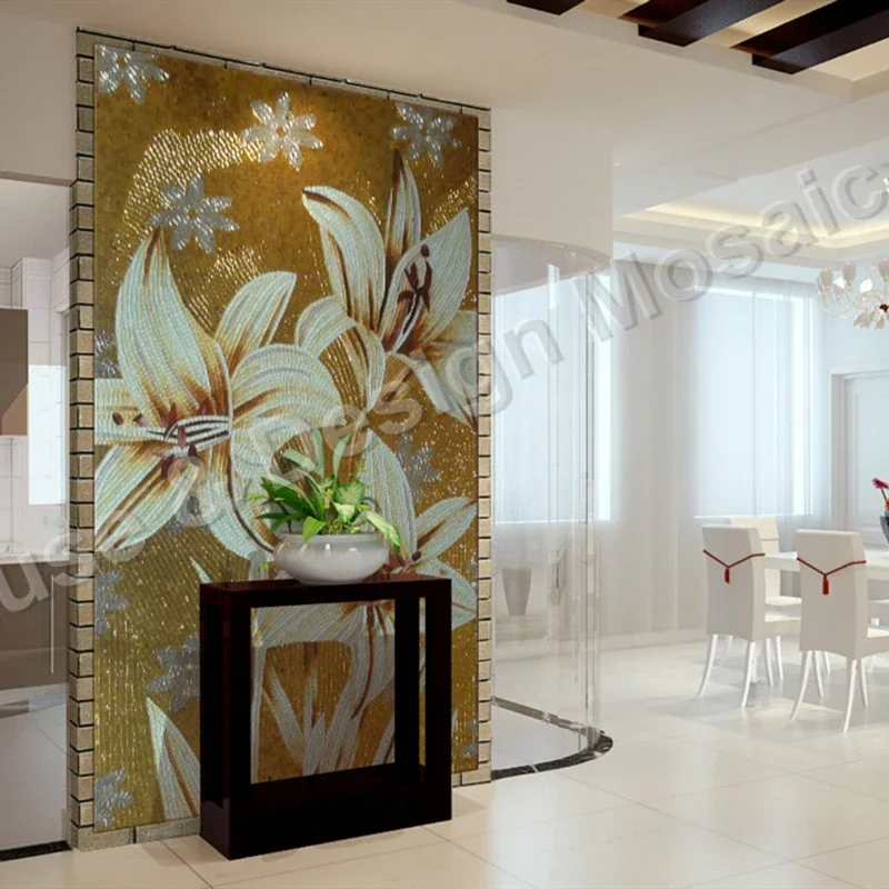 

Настенная роспись на заказ, золотая лилия, цветок, стеклянная мозаика, плитка для гостиной, лестницы, кухни, зала, настенное покрытие