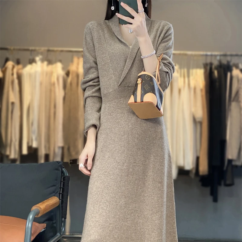 Autumn And Winter New Pure Wool Knitted Long Dress For Women's High-End Temperament With  Lapel And Knee Length Mid Length Dress