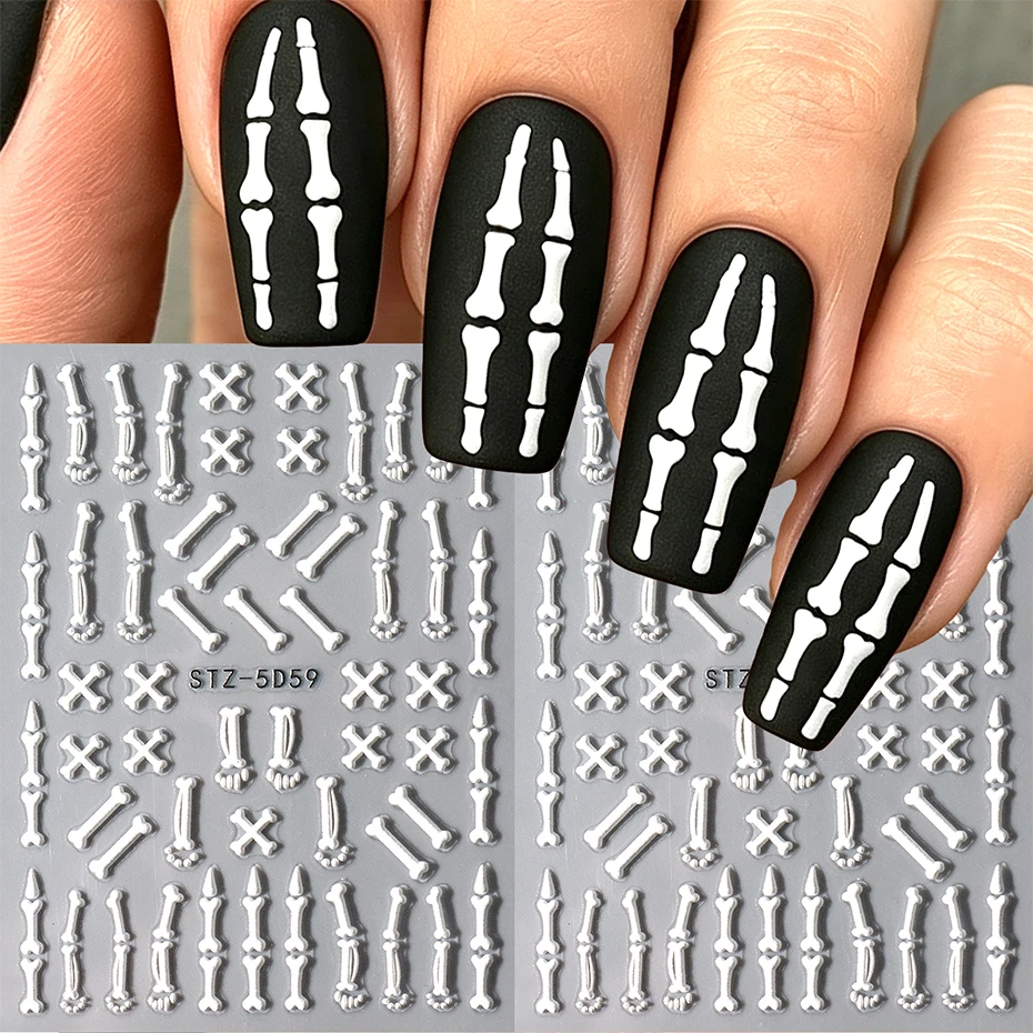 2pcs Embossed Halloween Bone Nail Stickers 3D Skeleton Crossbones Nail Art Decals White Decorations Gothic Design Nail Supplies