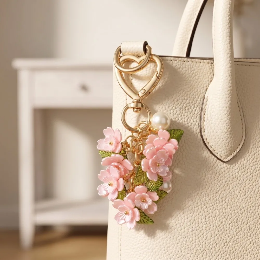 Elegant Flower Cluster Keychain Romantic Ornaments Heart-Shaped Keychain Sweet Cherry Blossom Pearl Bag Hanging Charm Gifts