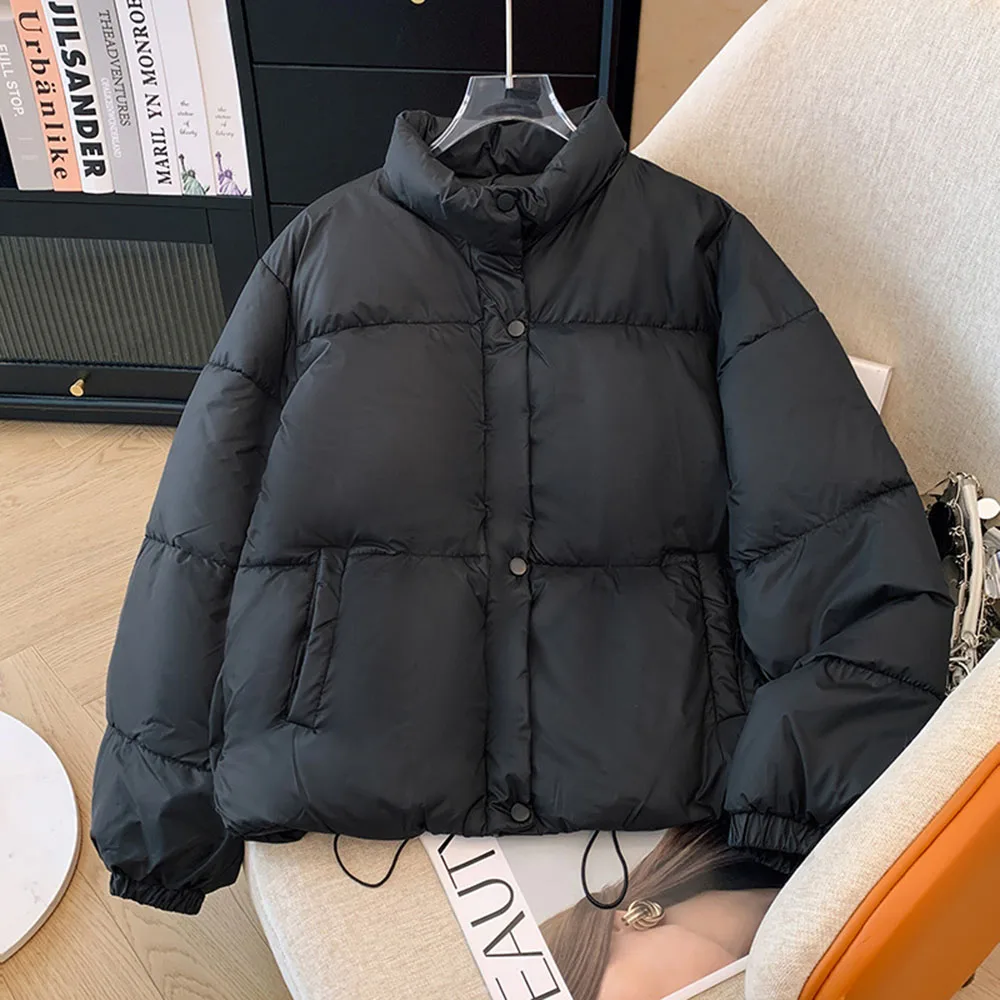 Loose Short Winter Warm Coat Women Solid Color Stand Collar Puffer Jacket Drawstring Hem Casual Daily Wear Windproof Outerwear
