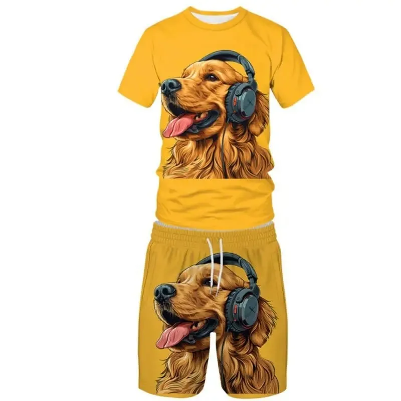 Letni zestaw sportowy z nadrukiem 3D na rok 2025, męski i damski, uroczy zestaw z koszulką i szortami z motywem psa, 2-częściowy zestaw.