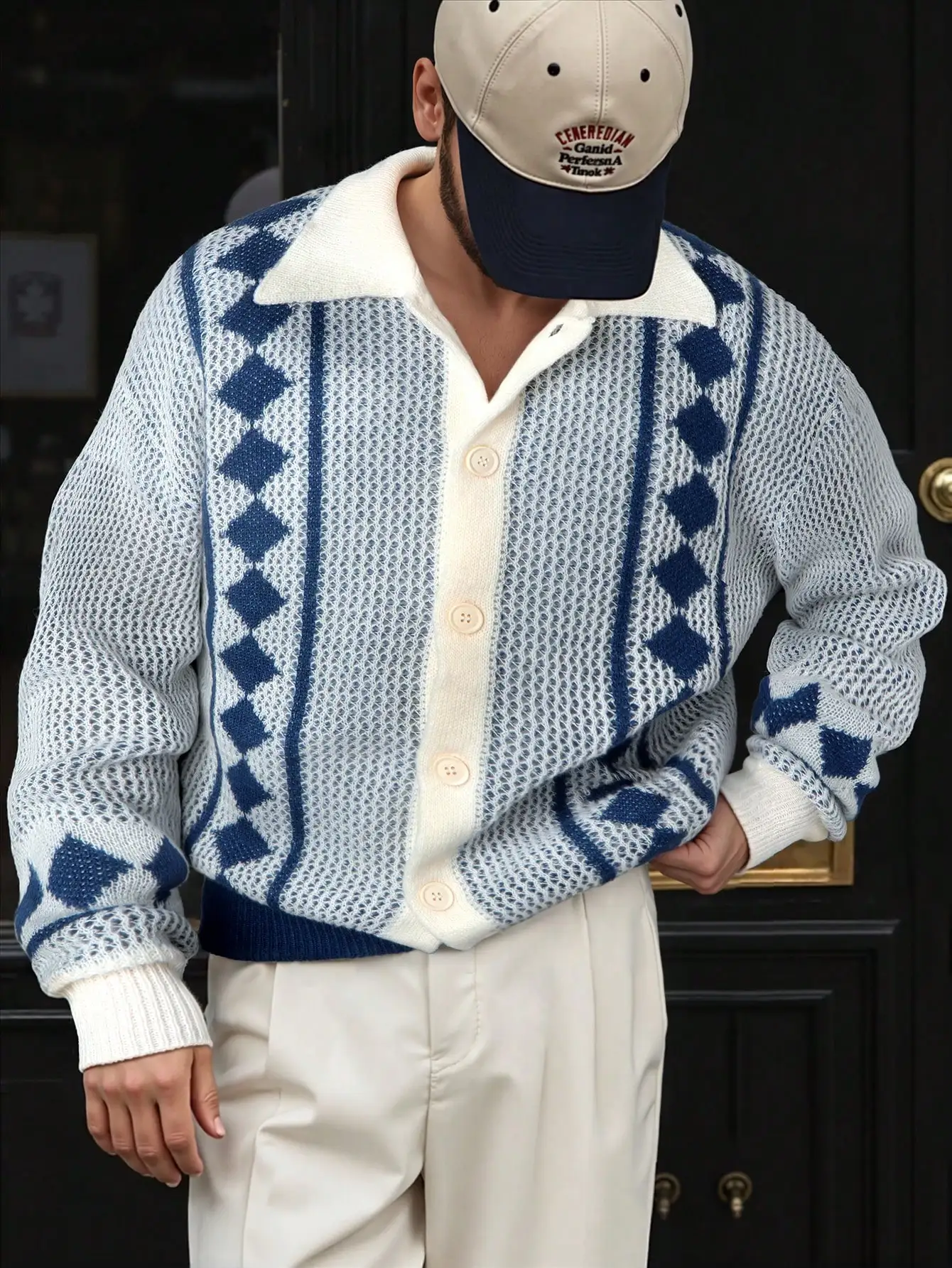 

Autumn and Winter Men's Japanese and Korean Retro Casual Wide Diamond Plaid Color-Blocked Polo Collar Button-Up Cardigan Sweater Jacket