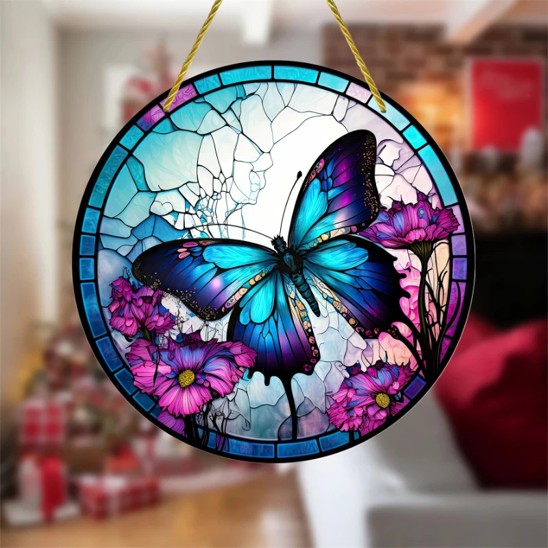 Butterfly Suncatcher Wall Sign Round Dyed AcrylicArt Board Painting Plaque Pendant For Door Farmhouse Festival Hanging Decor