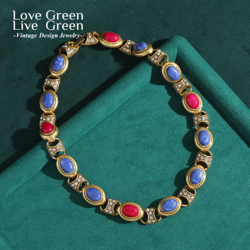 Vintage Antique Red Blue Natural Stone Necklace Choker Luxury Jewelry Designer Charms Fashion Trendy Unique Wedding Engagement