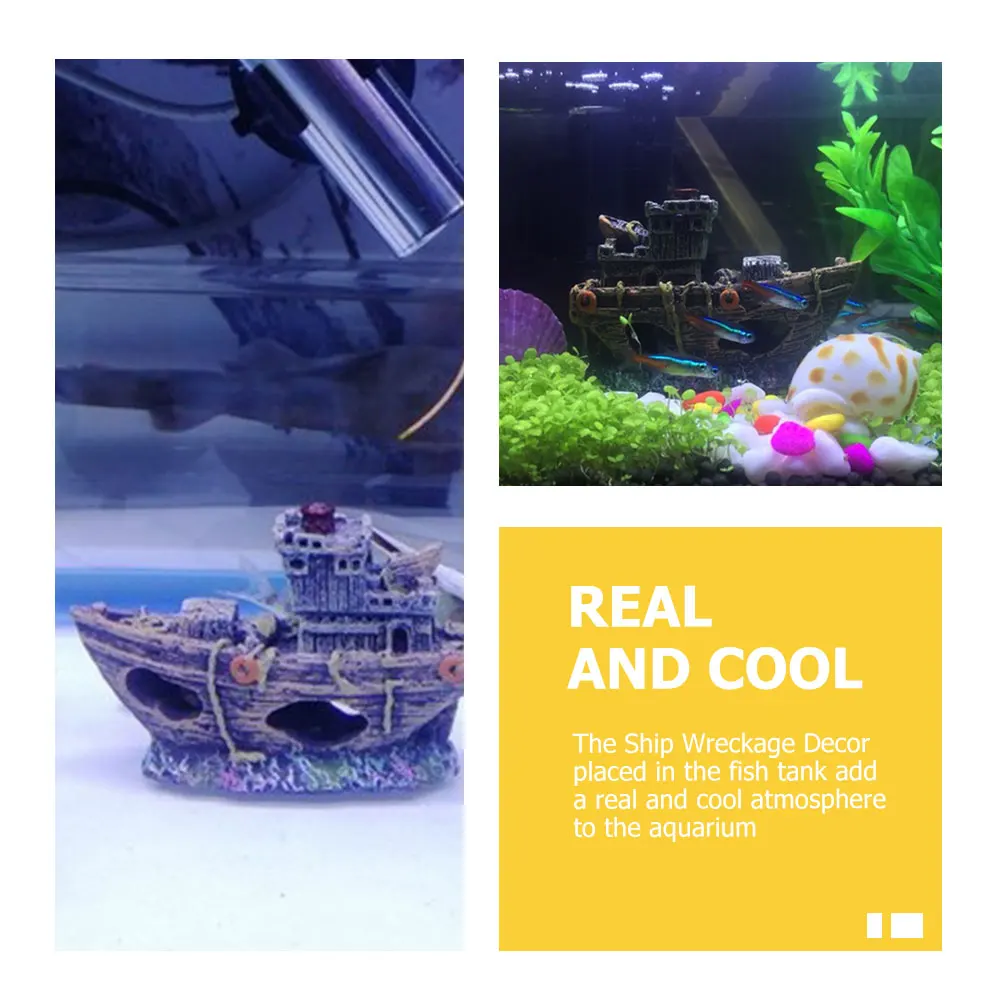 

Tank Ornament Shipwreck Decor Resin Aquarium Landscape Decoration Mini Simulated For Fish Reptiles Hiding Place Safe Durable