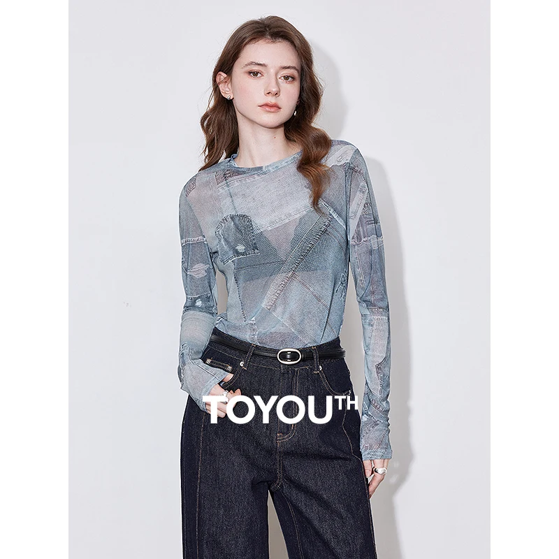 TOYOUTH Long Sleeve T Shirt Tops 2025 Spring New Denim Printed Sexy Pullover Skin T-shirt