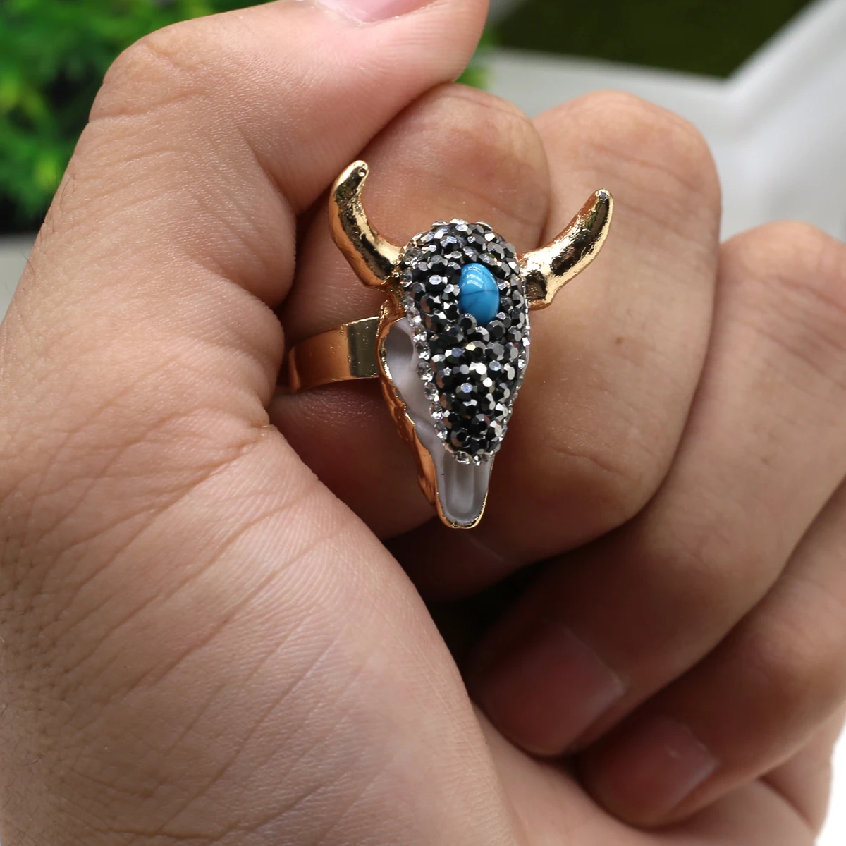 New Natural Stone Rings 18K Plating Gold Color Bull Head Agate Open Finger Rings for Women Men Party Wedding Jewelry 25x30mm