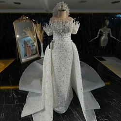 Luxury White Celebrity Dresses With Detachable Train Crystals Mermaid Evening Dresses For Women Party Gowns Vestidos De Gala
