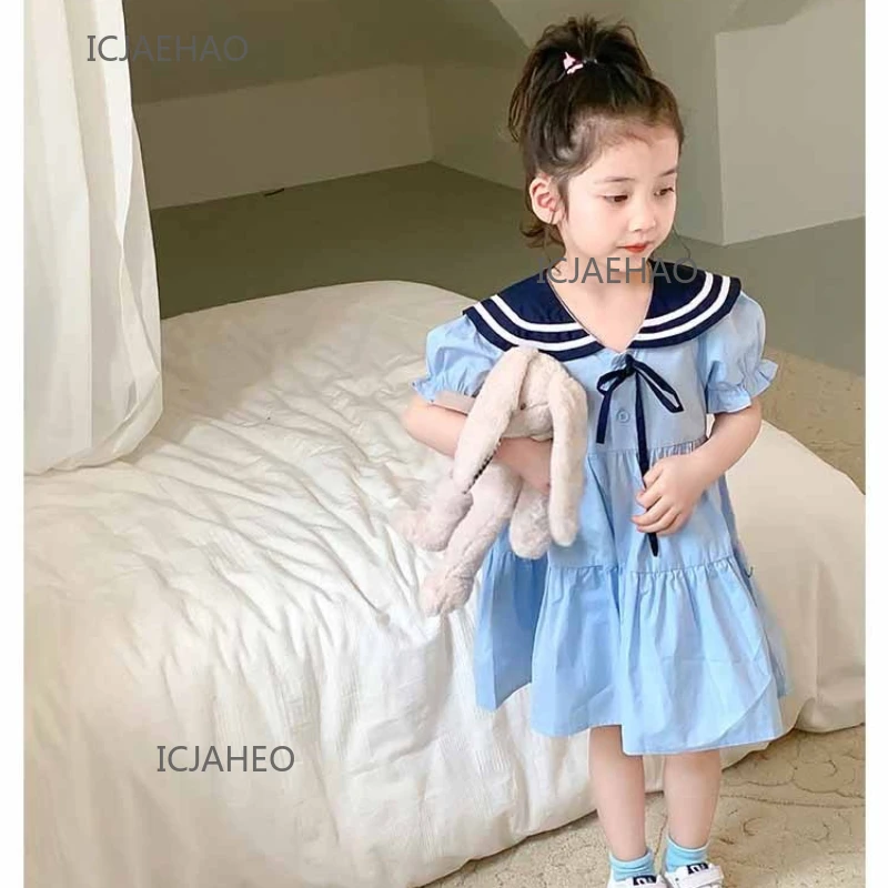 

2025 Children Girls Navy Collar Dress Clothes New Short Sleeve Outfit Matching Summer Dresses Preppy Style Costume Kids Princess