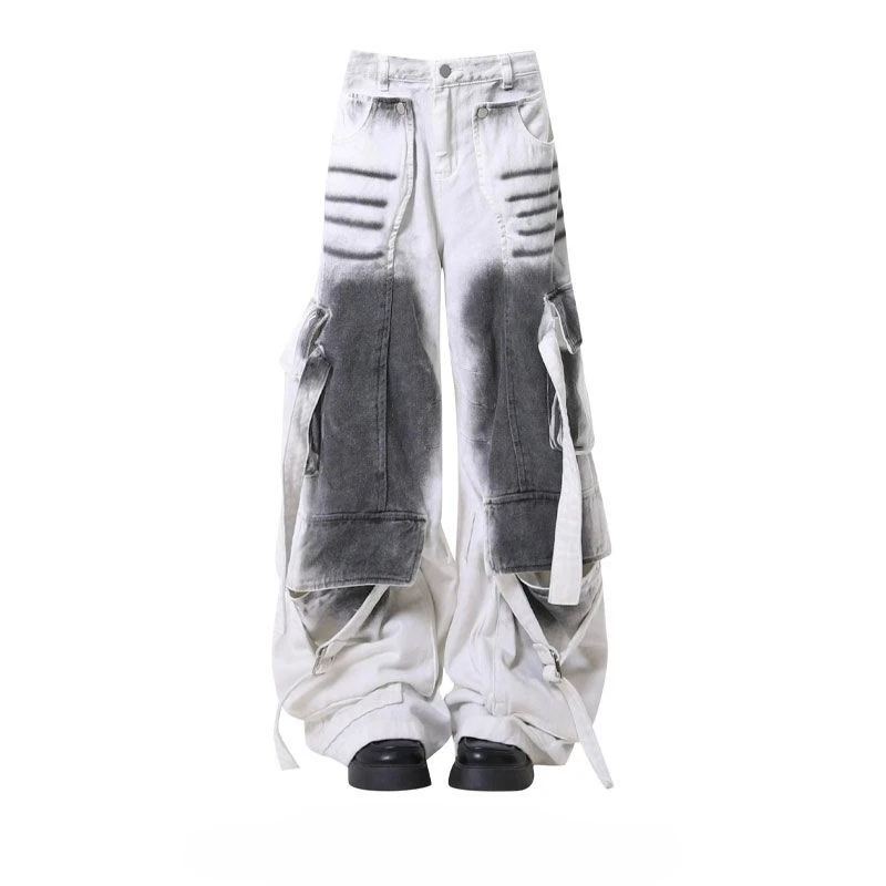 

American street large size old inkjet ribbon tooling jeans women's loose and thin wide-leg drape floor pants