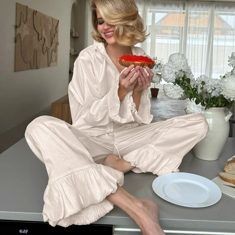 Lotus Leaf Cuff Long Sleeved Pajamas Set Winter New Cardigans Nightwear Pants Women's Loose Comfortable Home Clothing
