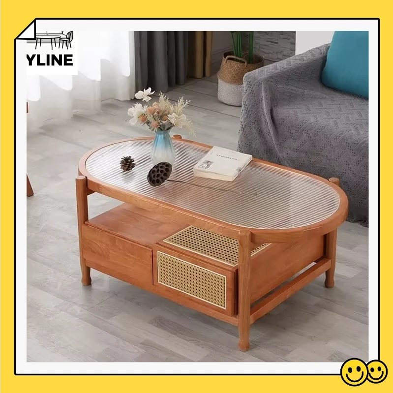 Pure Minimal Wabi-Sabi Rectangular Timber Coffee Table Handwoven Rattan Surface Stylish Leisure Furnish For Modern Living room