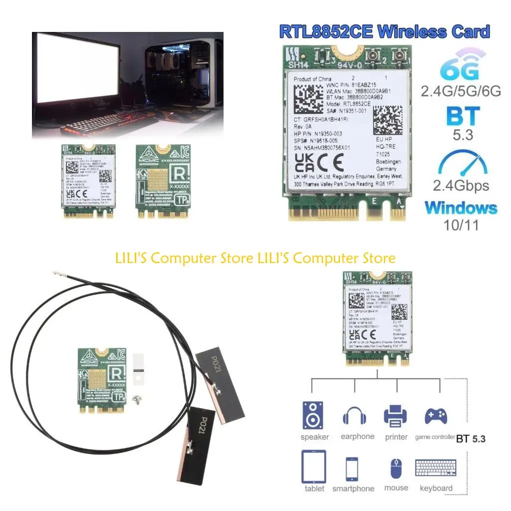 

A52B RTL8852CE Беспроводной адаптер M.2 NGFF 2,4/5/6 ГГц Bluetooth-совместимый 5.3 5400 Мбит/с