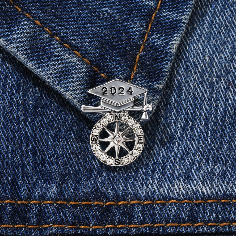 New 2024 Year Doctor's Hat Compass Crystal Pins Brooches Graduation Season Student Teacher Gift Wholesale