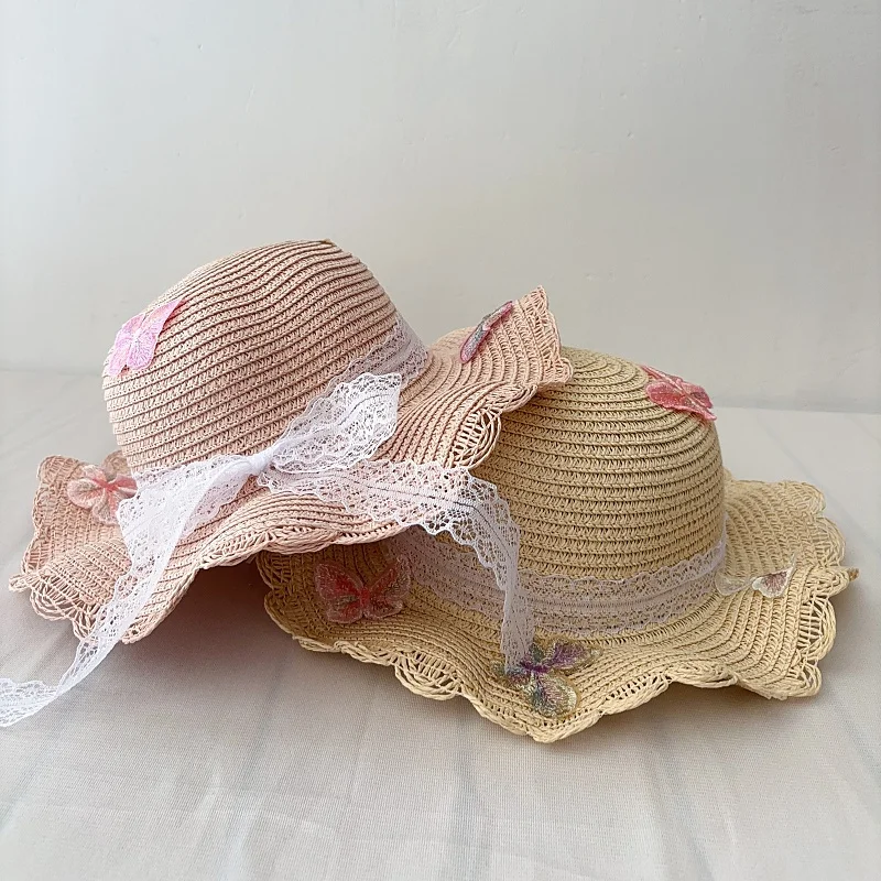 Summer Children\'s Wavy Lace Straw Hat Colorful Butterfly Multi-color Optional Woven Hat For Girls Seaside Sun Hat For Baby