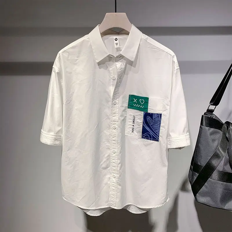 2024 Summer Fresh Square Neck Loose Men Trend Lapel Collar Short Sleeved Casual Fashion Pockets Color Blocking All-match Tops