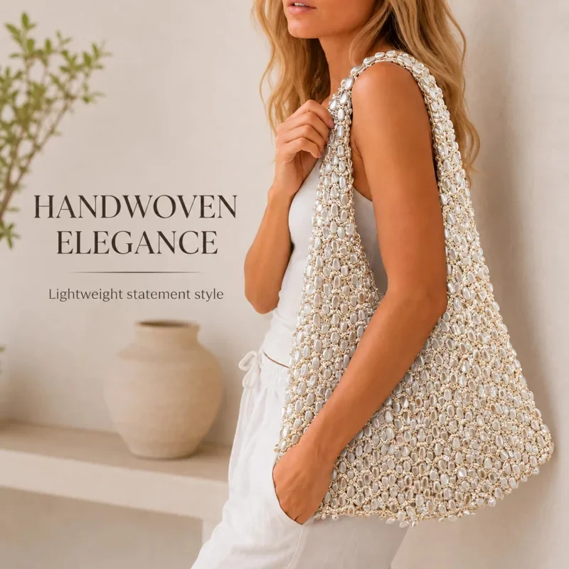 Women Beige Woven Shoulder Tote Bag Handmade Hollow Out Large Capacity Beaded Handbag Summer Travel Vacation Shopping Style Chic