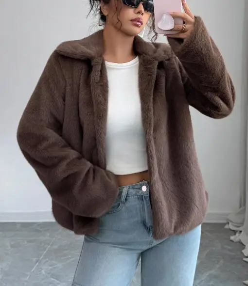 

2025 осенне-зимнее элегантное высококачественное плюшевое однотонное пальто с длинными рукавами для женской одежды