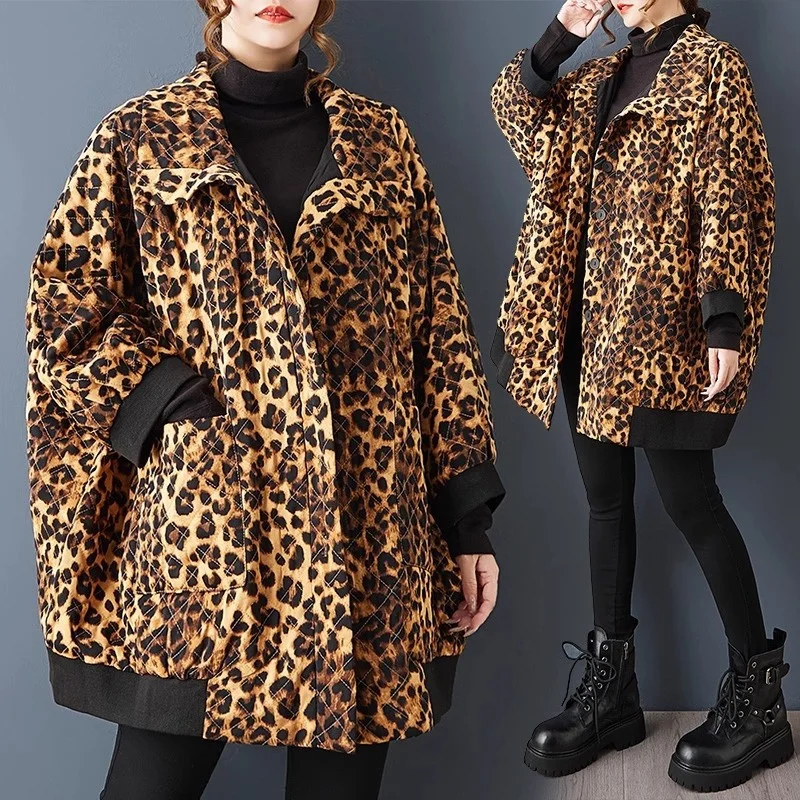 Leopard Print Jacket Spring And Autumn Loose Lapel Long Sleeved Thin Fashionable Loose Casual Contrasting Color Coat w1559
