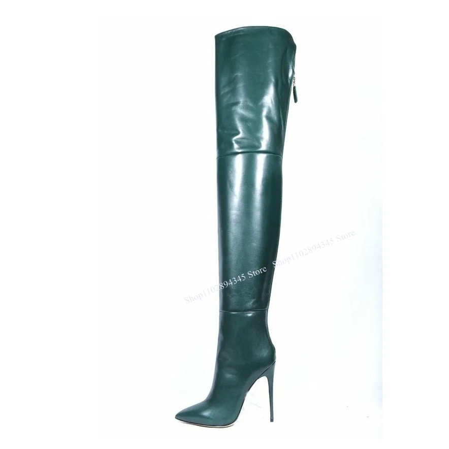 Botas femininas com zíper por cima do joelho, salto alto fino, tamanho grande, casual, sexy, azul, inverno, 2024