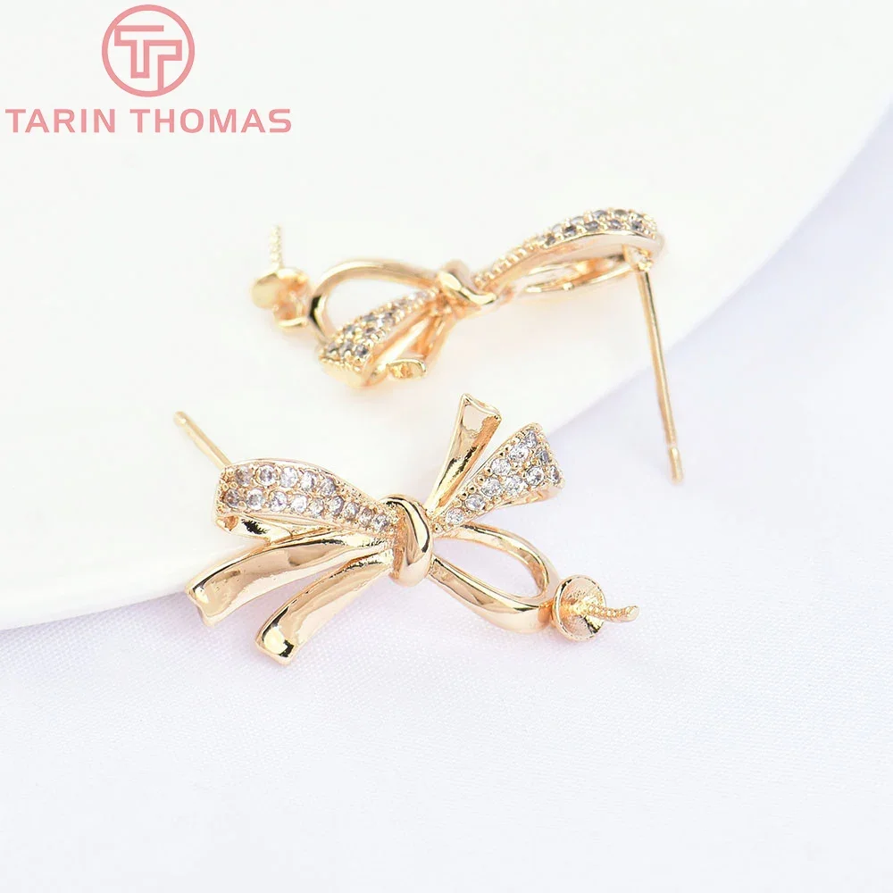 (2103)2PCS 12x20MM 24K Gold Color Brass with Zircon Bow-Knot Stud Earrings High Quality Jewelry Making Findings Accessories