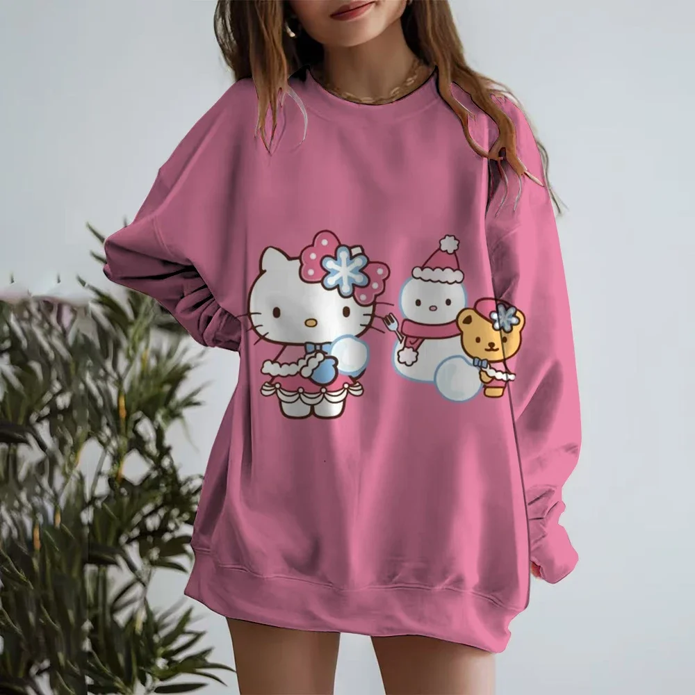 Sudadera con estampado bonito de Hello Kitty para mujer, moda de otoño, sudadera informal holgada con cuello redondo para mujer