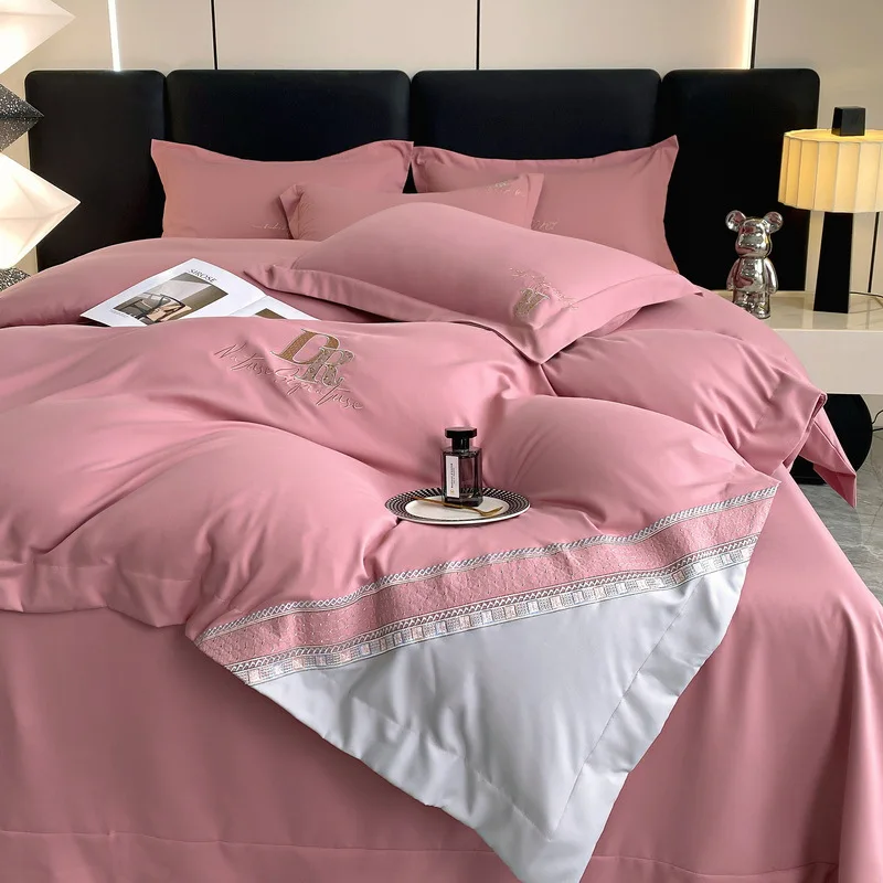 

New long staple cotton contrasting color double embroidered four piece set, light luxury and simple bed sheet, duvet cover, bedd