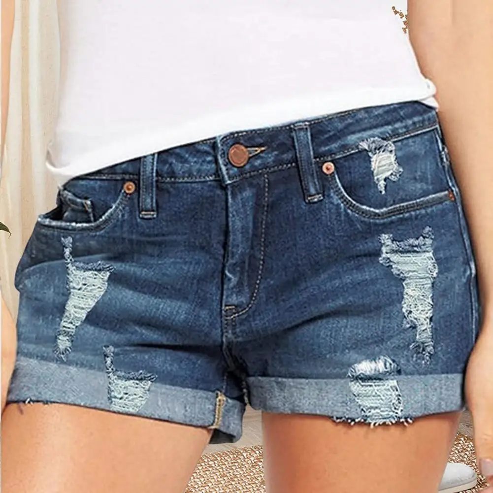 Denim Shorts for Women Women's Mid Rise Distressed Denim Shorts with Pockets Summer Jean Shorts for Females Stretchy Cuffed Hem