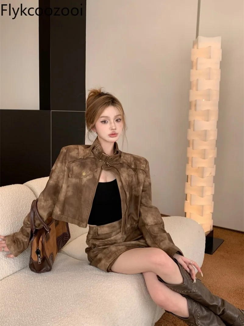 Casual Fashion Temperament Slimming Retro Long Sleeve PU Leather Short Coat + High Waist Skirt Conjuntos Feminino Elegante