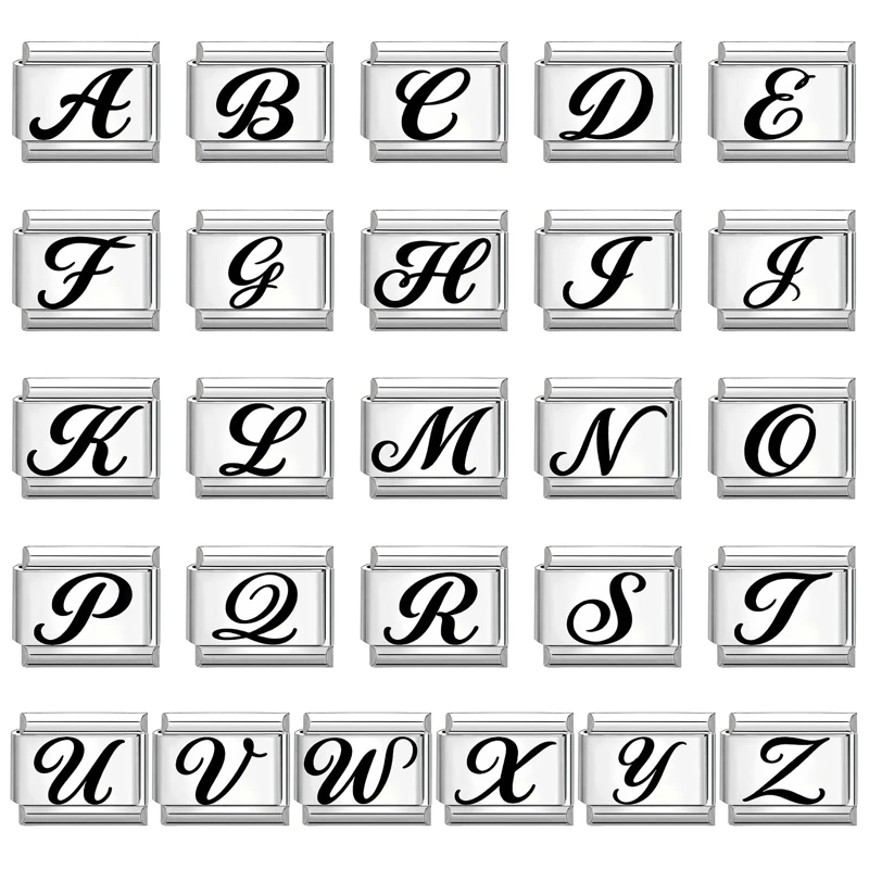 Fashion Laser Engraving 26 English A-Z Letters Black Italian Charm Link Fit 9mm Stainless Steel Bracelet DIY Making Jewelry Gift