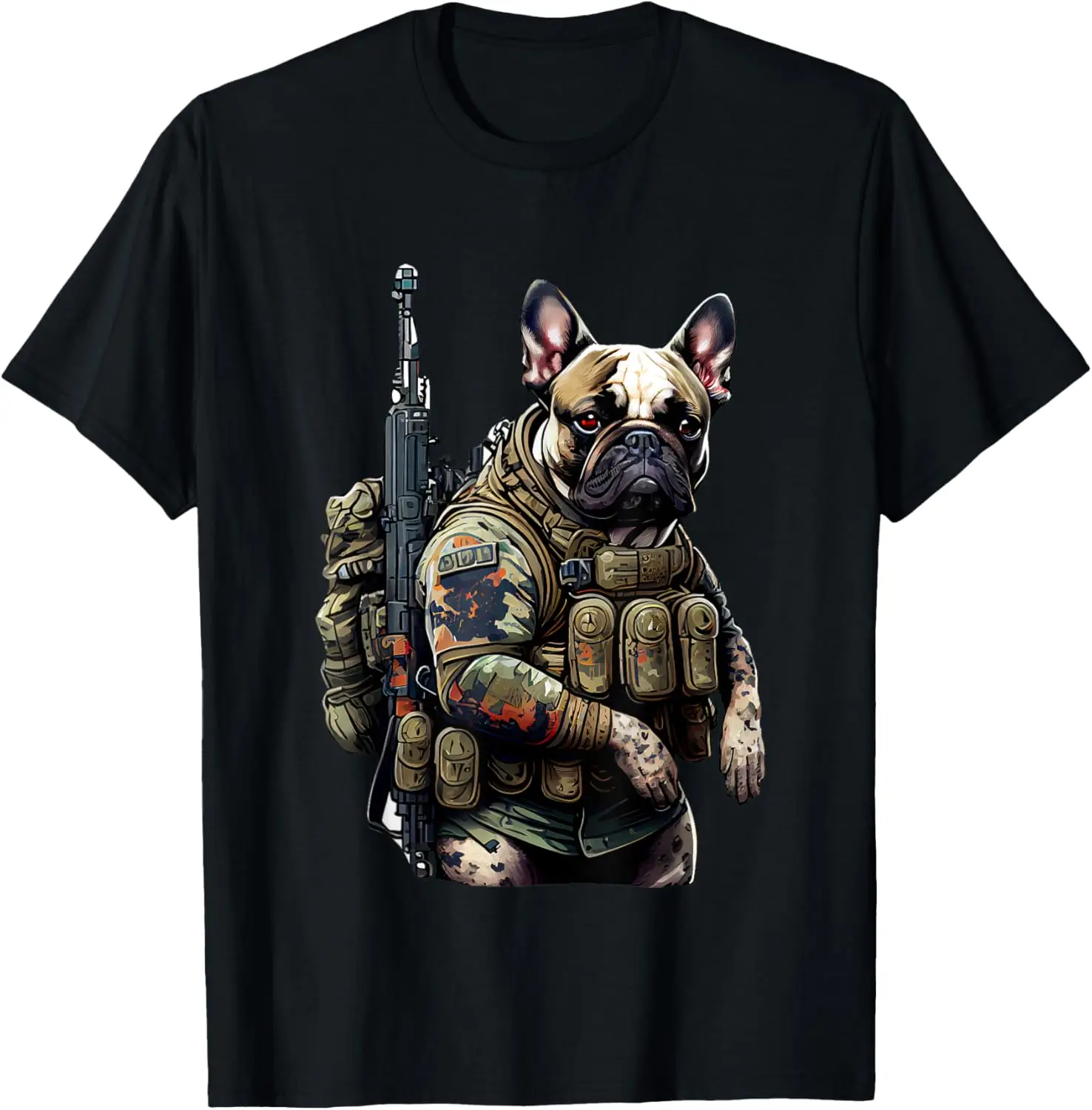 

French Bulldog Tactical Warrior Graphic Tee Military Vet Lover Cotton Short Sleeve Shirt