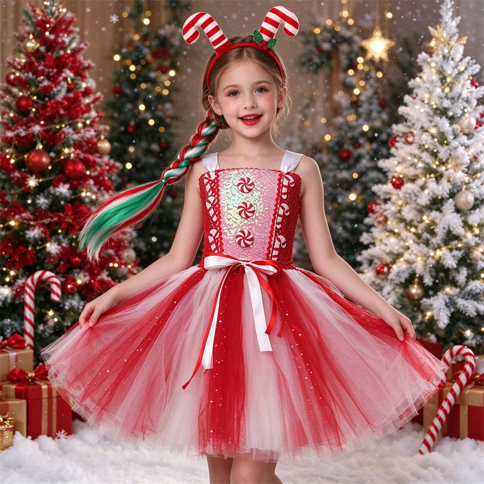 Little Girls Christmas Candy Cane Elf Sparkly Sequined Red White Layered Tutu Dress Xmas Party Performance Children's Costume
