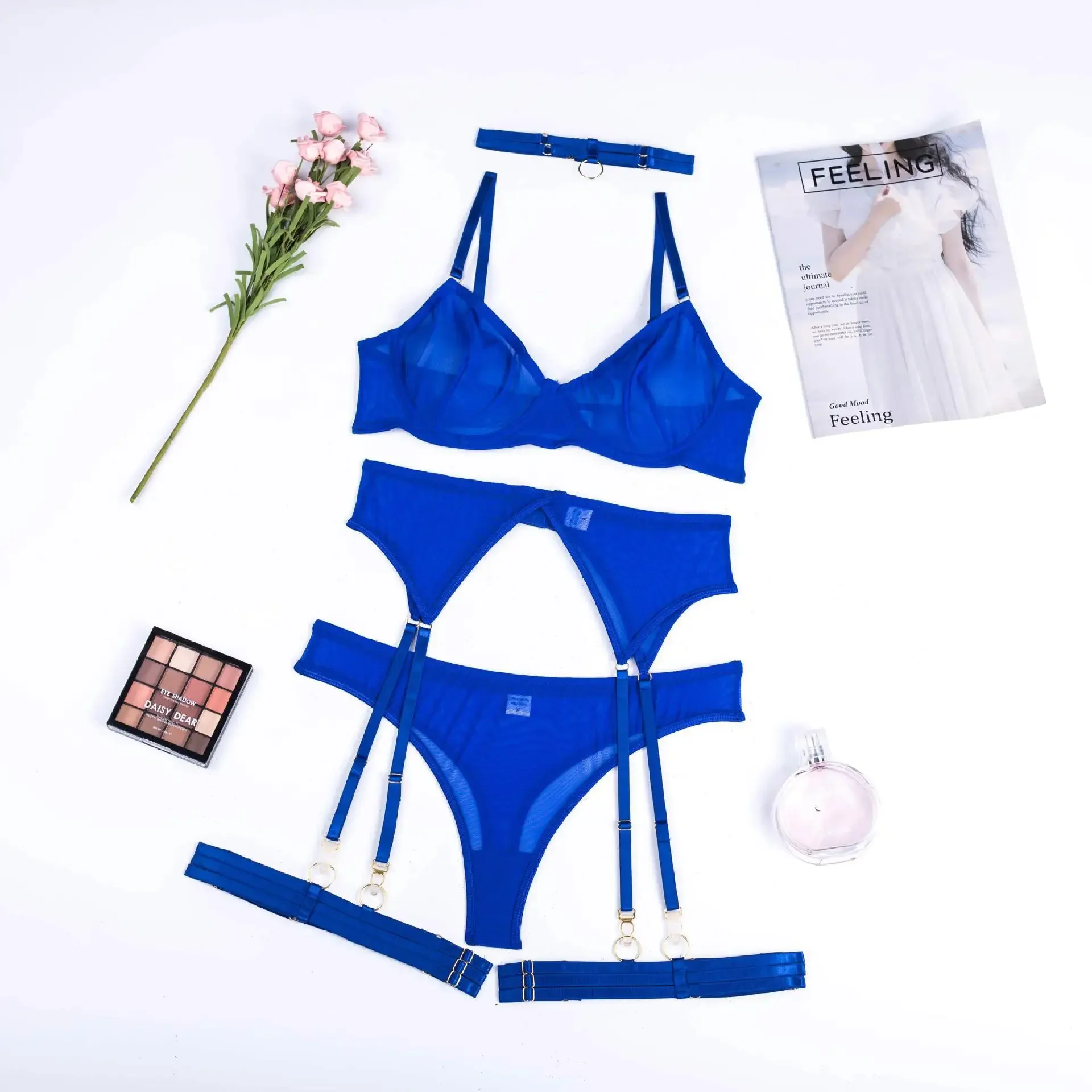 Sexy Lingerie Set Woman 4 Pieces Mesh Comfortable Slimming Bra Garters Brief Sets Seamless Blue Transparent Ladies Underwear