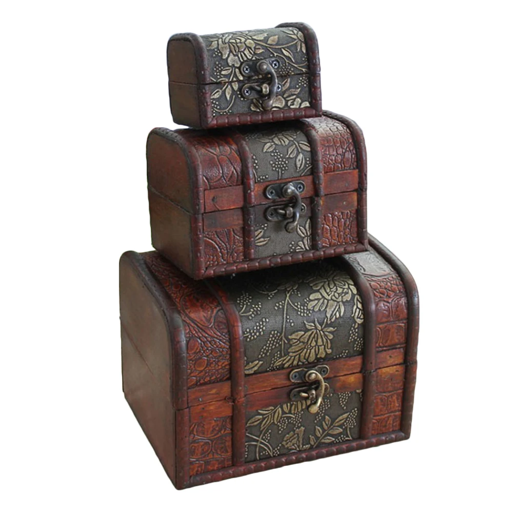

Retro Wooden Jewelry Organizer Case Makeup Treasure Chest Small Travel Bronze Lock Carved Design Space-Saving Gift