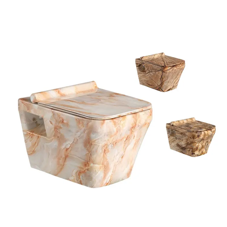 Ceramic Sanitary Ware Wall Mounted Washdown Ceramic Marble Color Gold Pattern Wall Hung Toilet Bowl