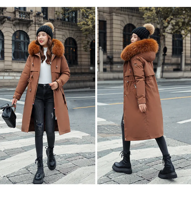 Women Hooded Parkas Coats Long Jackets Solid Detachable Big Fur Lenth Collar Zipper Drawstring Slim Fit Thick Casual 2025 Winter