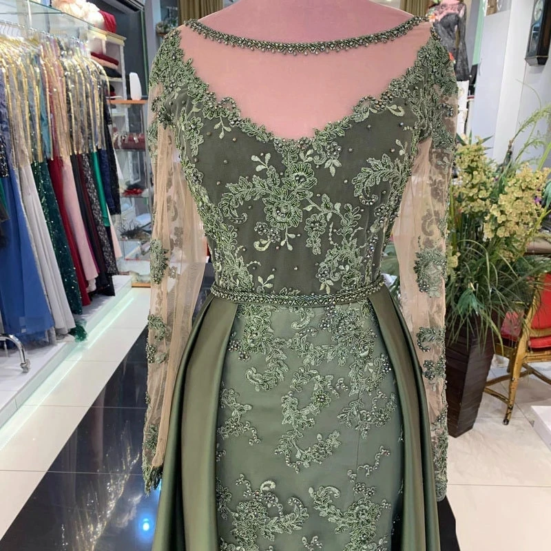 Luxe Olive Green Avondjurken Lace Lange Mouwen Side Split Wedding Partij Jassen Stain Trein Invitada Boda 2023 Vestido De