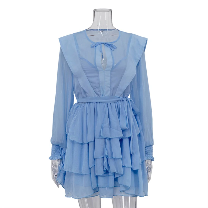 Moda malha perspectiva em camadas vestidos primavera feminino mangas compridas rendas até vestido curto verão cintura alta casual magro mini vestido