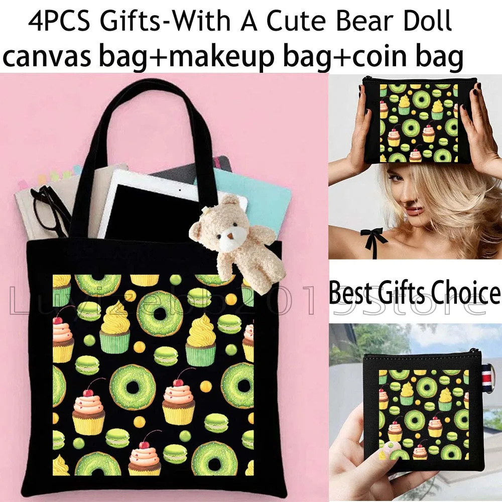 4 unidades: bonitos regalos con motivos de comida, postres dulces, macarons y donas. Bolso de lona, bolso de mano de algodón, neceser para cosméticos y maquillaje, monedero y billetera.