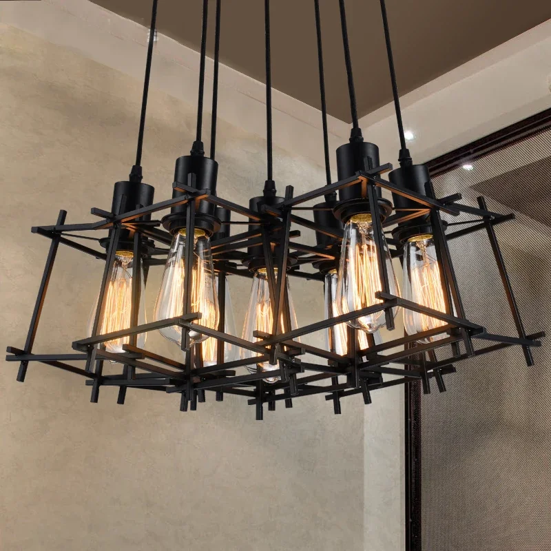 

American Retro Industrial Wind Iron Cage Chandelier Living Room Restaurant Clothing Shop Small Rubik's Cube Lamp