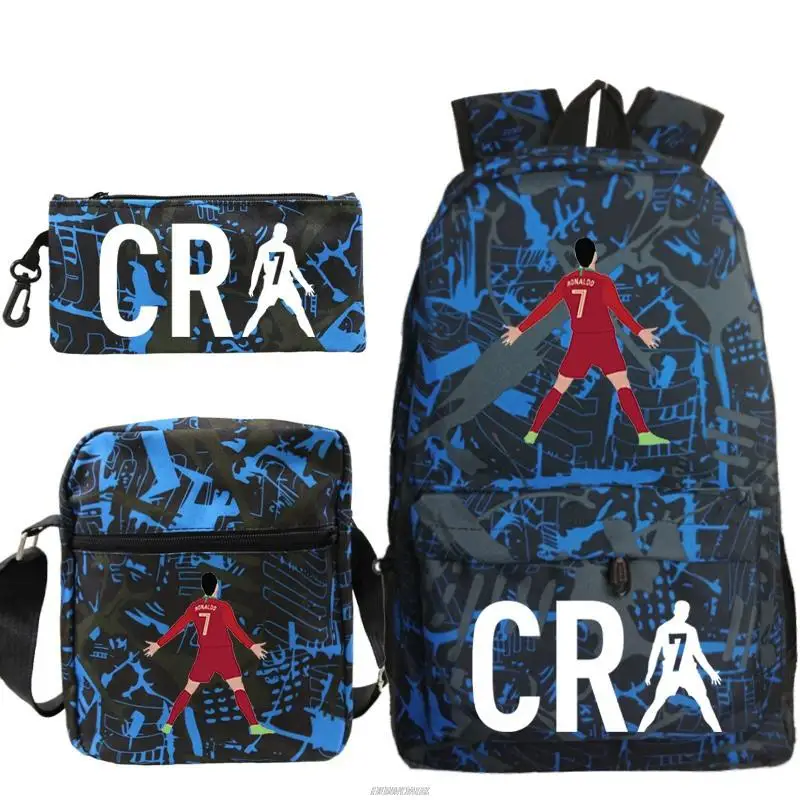 3pcs Football CR7 Backpack 3D Printe Teens Shoulder Bags Women Men High School Students School Bags